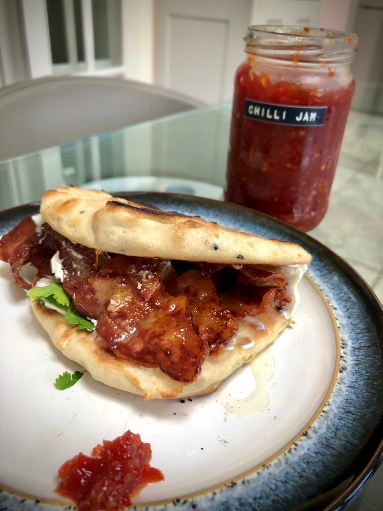 Home made flat bread and chilli jam with bacon